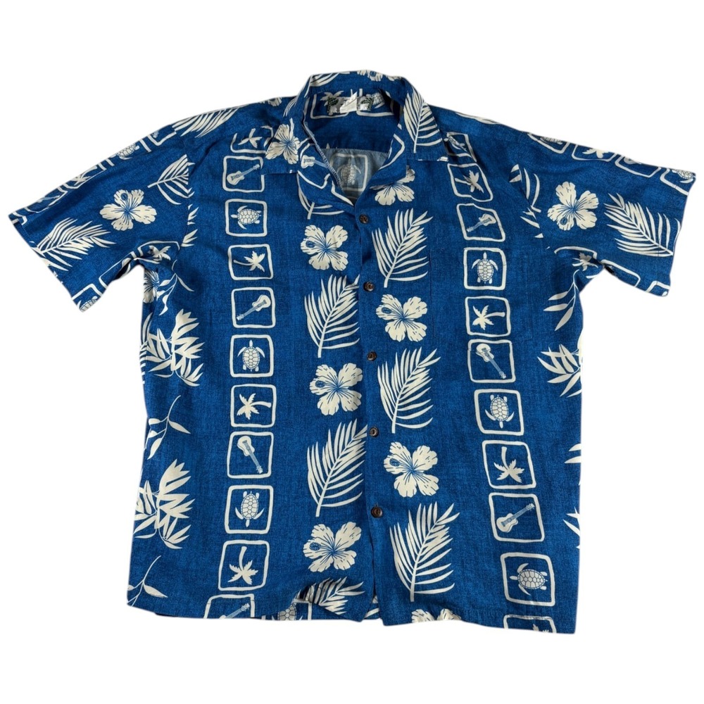 Two Palms Hawaiian Shirt Mens Large White Blue Floral Rayon Beach Summer Casual